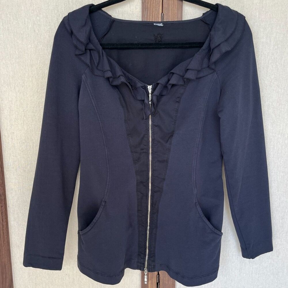 Navy Stretch Cotton Ruffled Zip Up Jacket